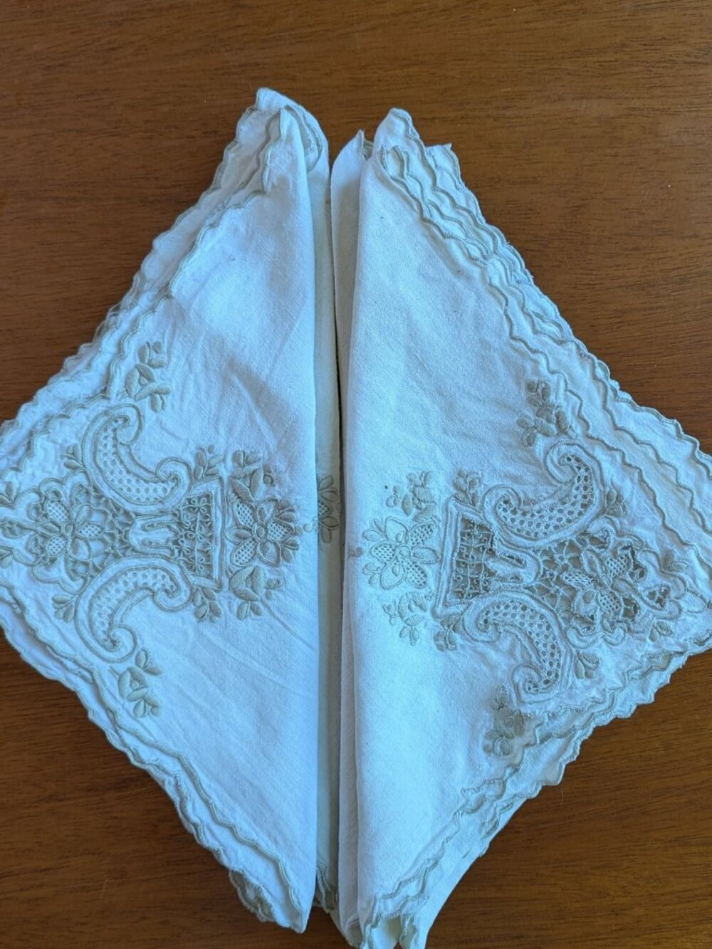 White Linen vintage hand embroidered in ecru Madeira 20X20 banquet napkins.